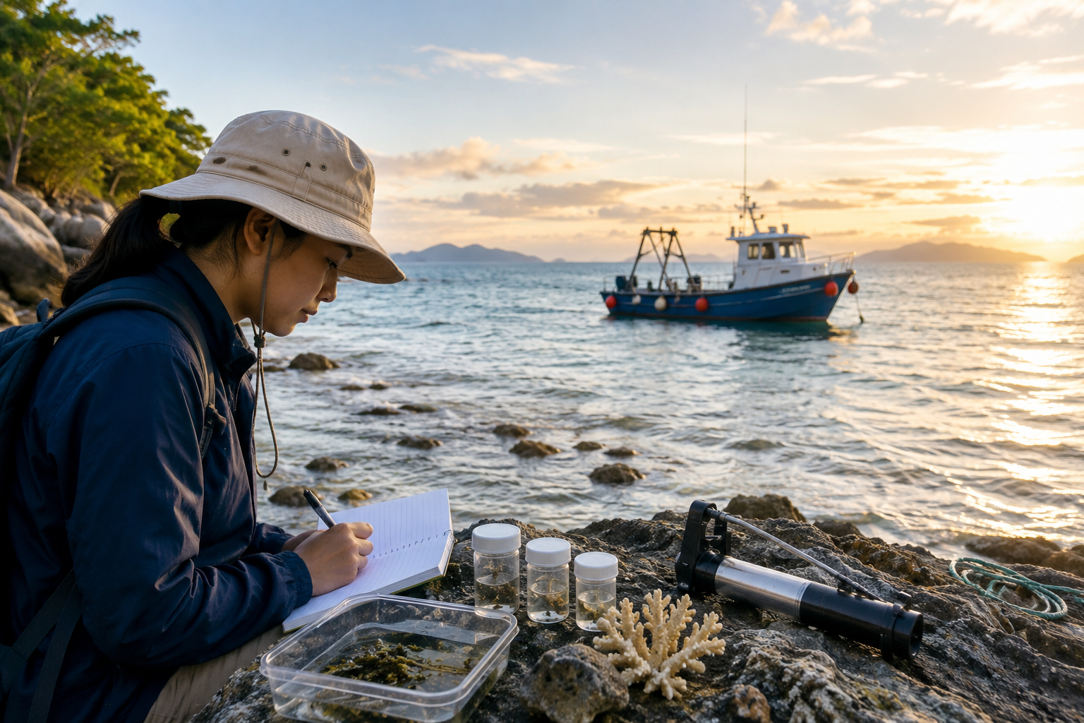 Mahasiswi jurusan kelautan mencatat hasil observasi biota laut di tepi pantai saat matahari terbenam dengan latar kapal penelitian.