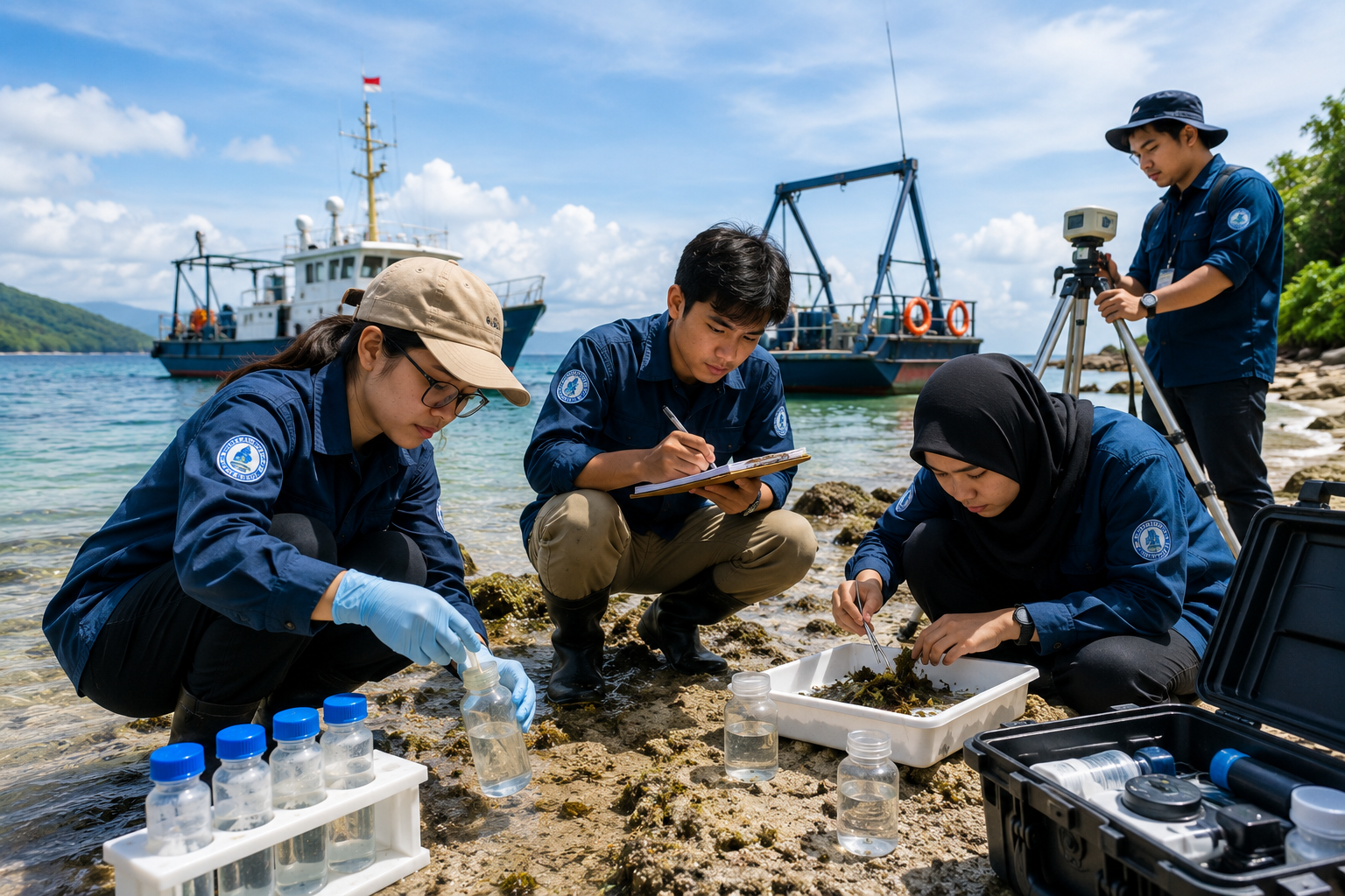 Mahasiswa kelautan melakukan penelitian kualitas air dan pengambilan sampel di pesisir pantai menggunakan peralatan laboratorium lapangan.