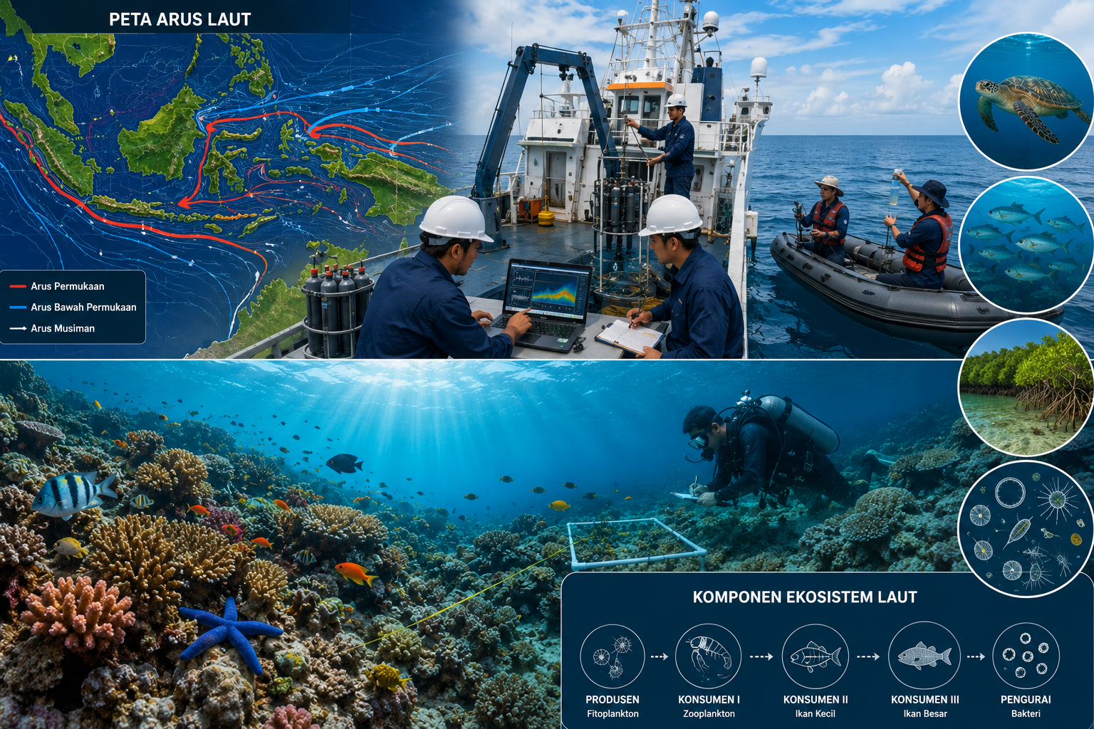 Ilustrasi penelitian kelautan dengan peta arus laut, ekosistem bawah laut, dan aktivitas observasi biota laut oleh tim peneliti.