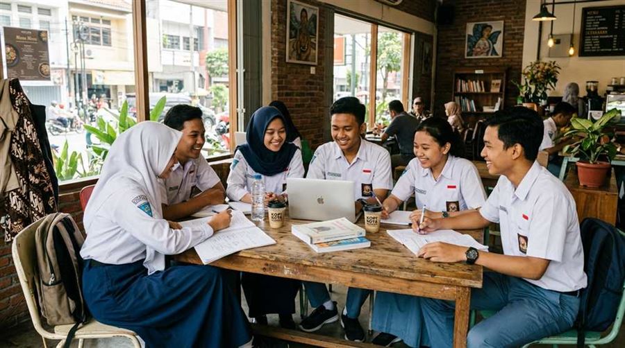 Pemuda komunitas muslim berdiskusi santai di kafe merancang konsep konten dakwah digital kreatif