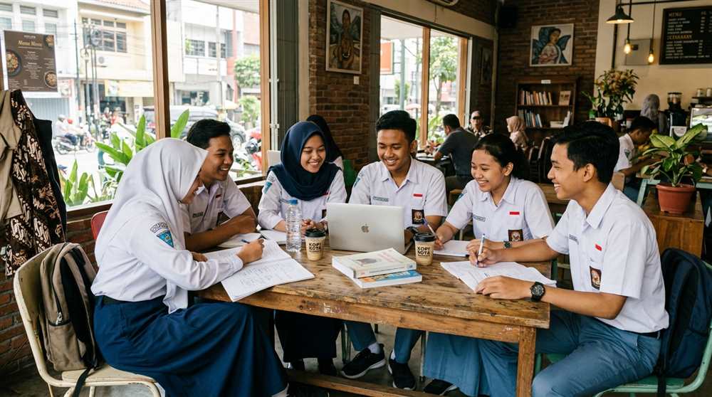 Kelompok mahasiswa berdiskusi dan belajar bersama dengan laptop di meja cafe Tuban Jawa Timur