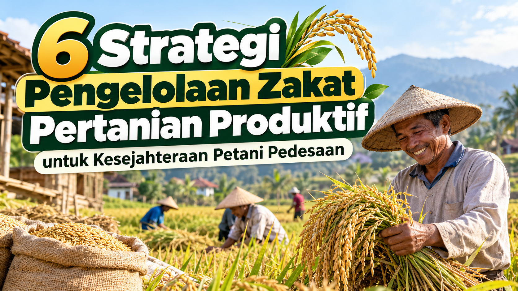 Petani memanen padi di persawahan dengan judul 6 Strategi Pengelolaan Zakat Pertanian Produktif untuk Kesejahteraan Petani Pedesaan.