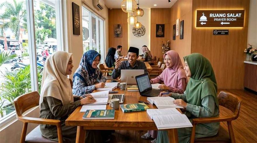 Santri dan pelajar madrasah membaca mushaf Al-Qur'an dan kitab rujukan di lingkungan asrama pesantren